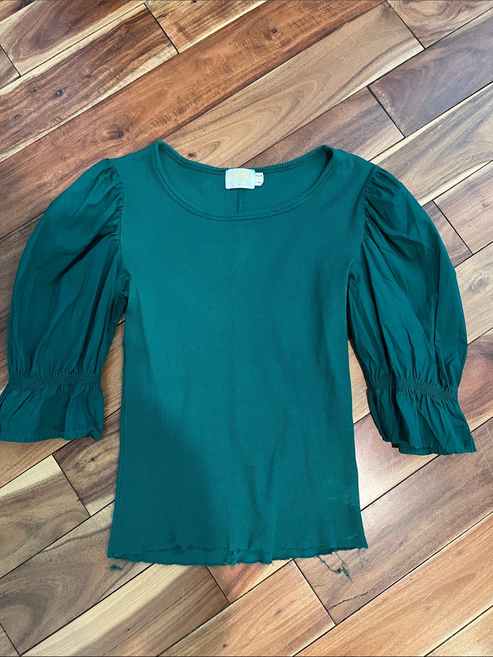 Nation LTD Teal Green Ribbed Puff Sleeve Top